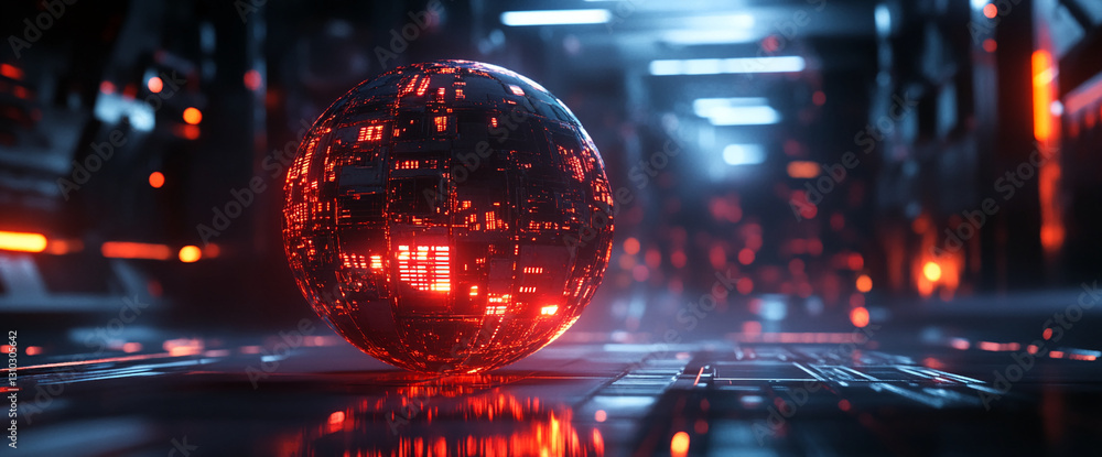 Poster glowing red sphere with internal circuitry, resting on a dark reflective surface, futuristic, techno