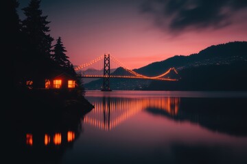 Fototapeta premium Aerial view of a bridge illuminated at night over a calm body of water.