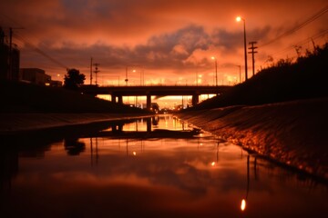 Fototapeta premium A stunning sunset casts a bridge reflection on calm water, creating a serene atmosphere.