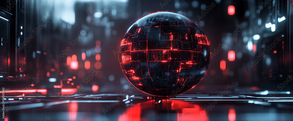 Aufkleber Dark sphere with red glowing circuit lines, futuristic and technological design, showcasing innovation and progress, perfect for tech or sci-fi concepts