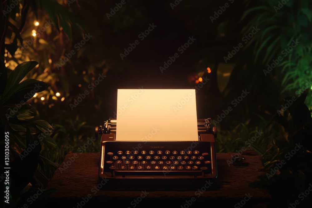Poster a typewriter rests on a table, illuminated by soft light, with a blank paper in a dark setting.