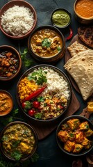 Fototapeta premium A spread of traditional Indian dishes showcases rich flavors, varied textures, and bright colors. Aromatic curries, fragrant rice, and freshly baked bread create a feast that tantalizes the senses