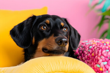 Dog rests head on pillow, relaxing on couch in home interior with pink wall