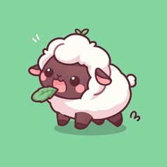 Fototapeta premium Cute Sheep Eating Leaf, Green Background