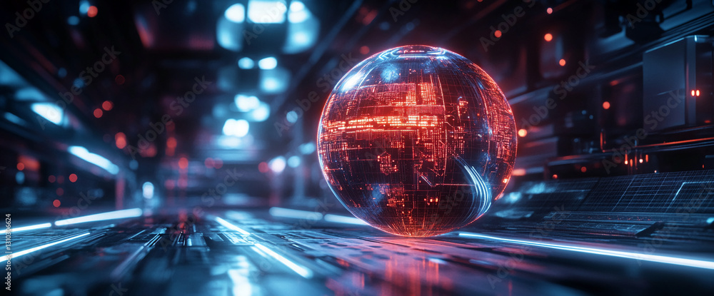 Poster glowing sphere with circuit-like pattern rolls on futuristic surface, illuminated by neon blue and r