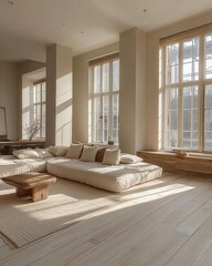 Spacious, sunlit living room with minimalist decor, showcasing natural light and serene ambiance