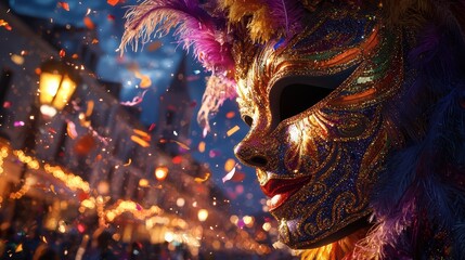 Vibrant feathered mask amidst blurred parade and colorful confetti