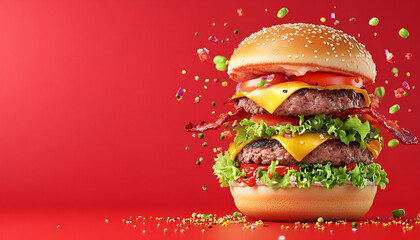 Double Bacon Cheeseburger, Red Background, Food Photography