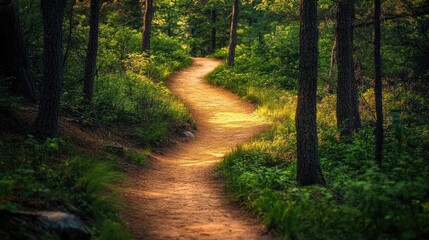 Fototapeta premium Forest Path at Golden Hour, Serene Journey Through Nature