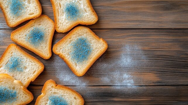 A close-up of several slices of bread showing blue mold on a wooden surface, highlighting spoilage and food waste. - Powered by Adobe