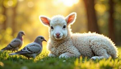 Naklejka premium Fluffy lamb with birds in a sunlit meadow