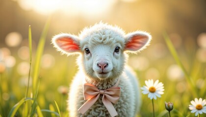 Obraz premium Cute lamb with a bow in a sunlit flower field