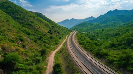 Obraz premium Aerial View of Winding Railway Tracks Surrounded by Lush Green Mountains under Blue Sky