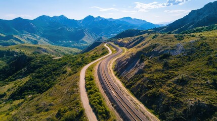 Fototapeta premium Aerial View of Winding Railway Tracks Through Scenic Mountain Landscape