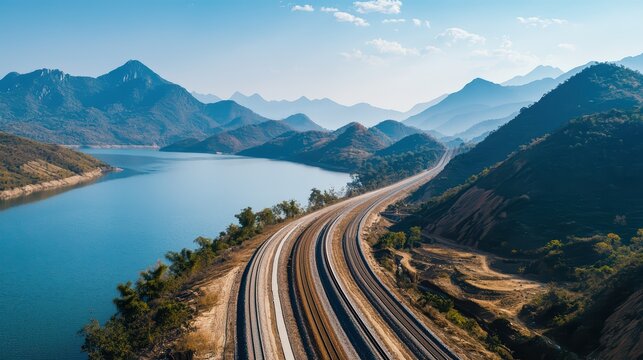 Aerial View of Winding Railway Tracks Through Mountainous Landscape by Serene Water Body
