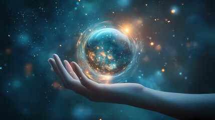 Hands releasing a glowing orb into a vast universe, symbolizing freedom, limitless possibilities, and release. Boundless - Horizon. Illustration