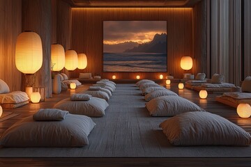 Tranquil meditation room with soft lighting and serene ocean view backdrop