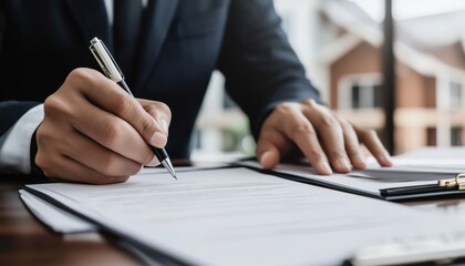 Real Estate Agent Discusses Home Purchase Agreement Terms And Requests Customer Signature For Legal Contract On Home Sales And Insurance.
