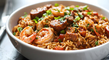 Jambalaya Dish with Shrimp and Sausage in New Orleans Style Served on a White Bowl