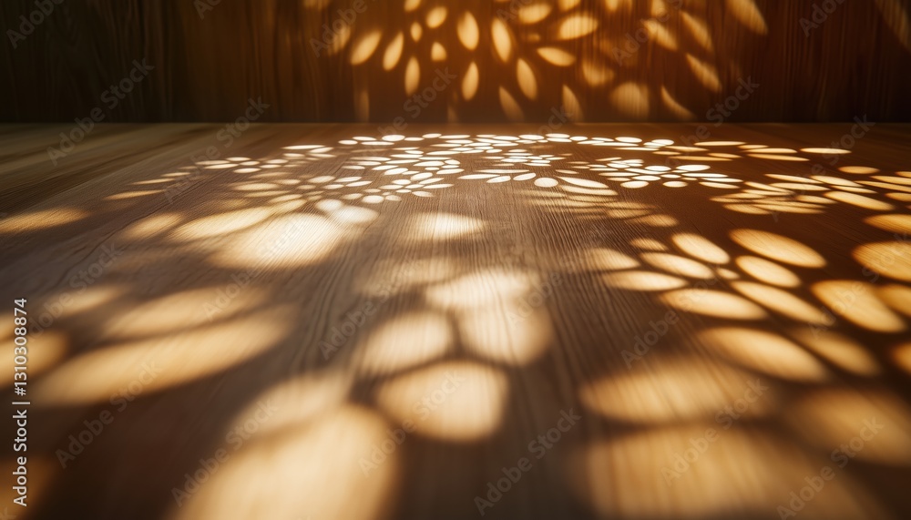 Poster enhancing product display with ambient lighting: showcasing wooden table surface, intricate shadow p