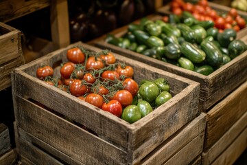 Fresh tomatoes and peppers showcased in wooden boxes at a vibrant market.