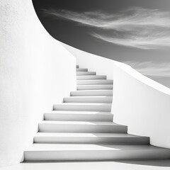A minimalist black and white image of a smooth, curved staircase leading upwards against a serene sky.