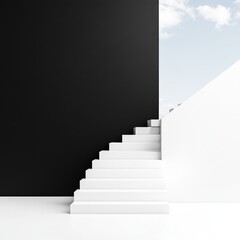 A minimalist staircase in a modern architectural setting, showcasing the contrast between black and white elements.