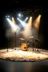 Drumset on stage lit by spotlights in smoky, dark concert venue, music, show