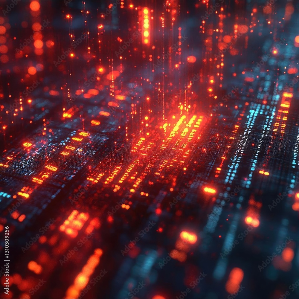 Poster abstract digital landscape with glowing red and blue data streams in a futuristic environment