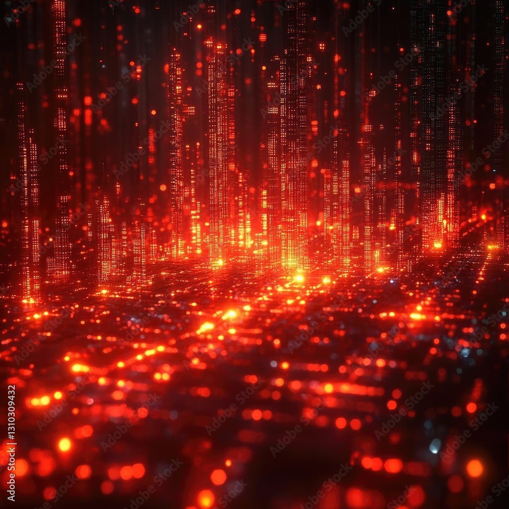 Poster abstract digital landscape with glowing red and orange lights representing data flow and technology