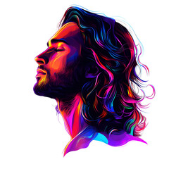 Vibrant Digital Illustration of a Man with Long Flowing Hair in a Neon Color Palette on a White Background