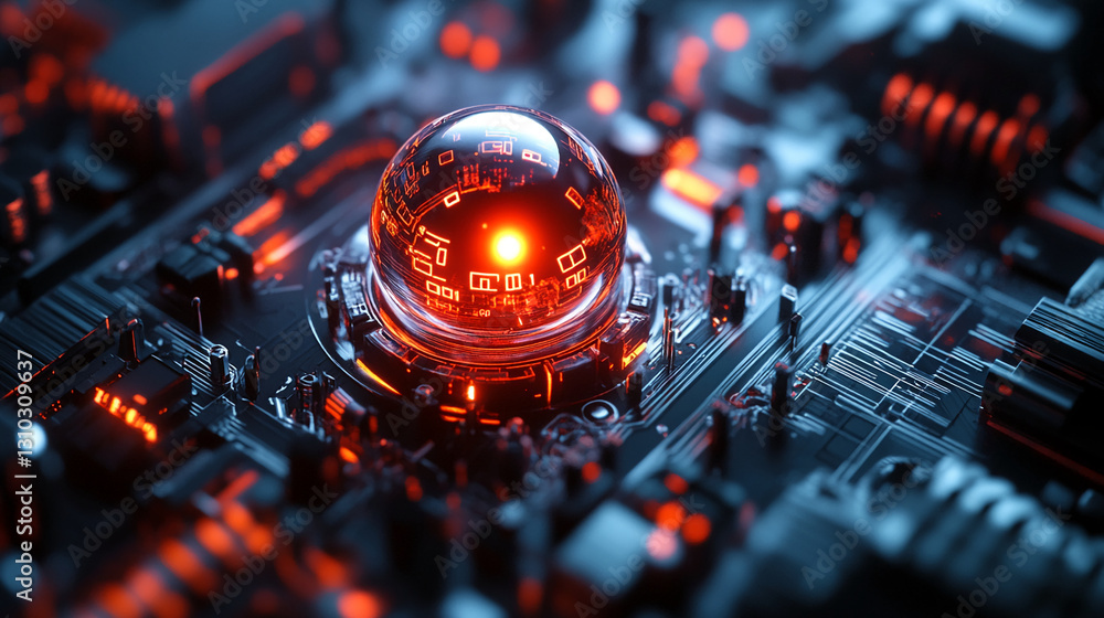 Poster glass sphere with red light inside, set on a dark circuit board, showcasing technological innovation