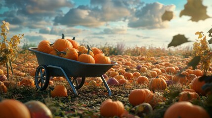 A wheelbarrow filled with fresh pumpkins in a vibrant pumpkin patch during autumn
