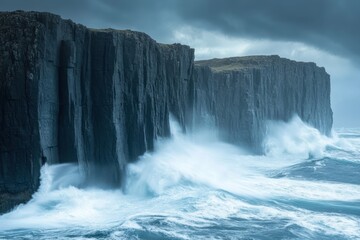 Fototapeta premium A rugged cliff faces a powerful wave crashing against its side.