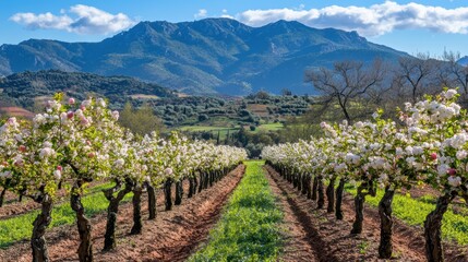 Fototapeta premium Lush trees stand in a vibrant field with majestic mountains rising in the background.