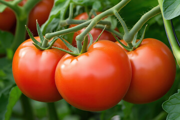 Ripe tomatoes growing on vine in a greenhouse during sunny weather