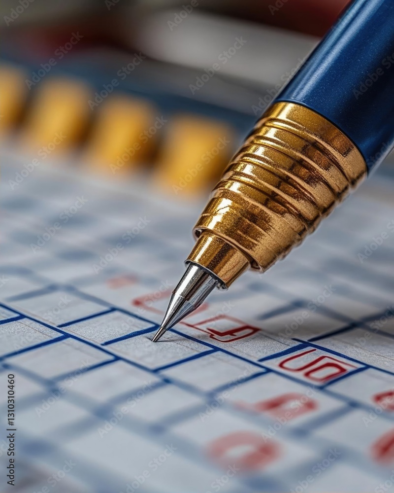 Poster close-up of a gold-tipped pen poised over a grid of numbers and symbols on a notepad