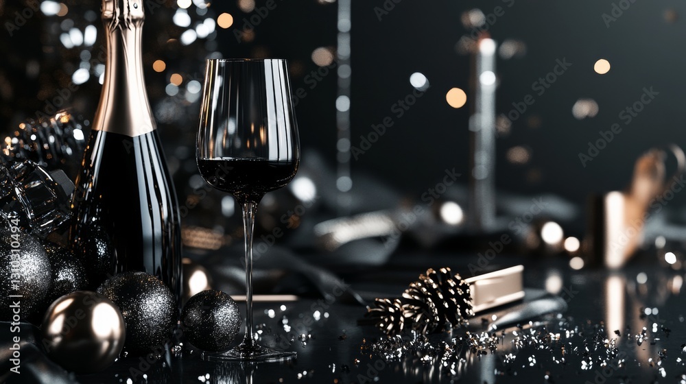 Poster a black and platinum party arrangement featuring elegant props and scattered sparkles, with intentio