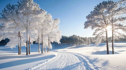 Obraz premium Snow-covered trees border a pathway in a field under a clear blue sky.