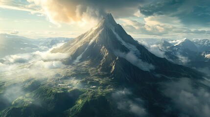 Majestic Mountain Peak Enveloped in Clouds, Breathtaking Aerial View