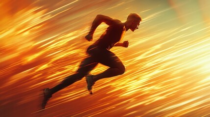 Male athlete running at sunset with motion blur effect