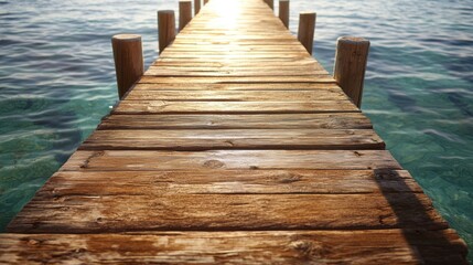 Fototapeta premium Wooden pier stretches into clear ocean water under a bright sky.
