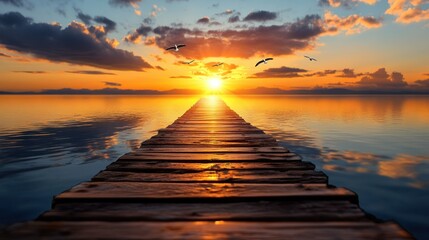 Obraz premium Sunset wooden pier path over calm water; birds flying in the sky; inspirational
