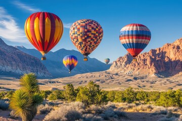 Fototapeta premium Colorful hot air balloons soar above a desert with majestic mountains in the background.