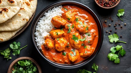 Hot and vibrant chicken tikka masala glistens in a black bowl, accompanied by fluffy white rice and warm naan, evoking the tastes of Indian cuisine in a cozy atmosphere