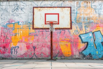Colorful graffiti decorates a wall behind a basketball hoop in an urban setting.