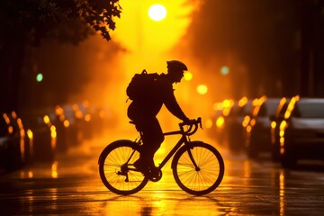 Man rides bike on city street during sunset, capturing a serene urban moment.