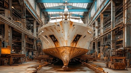 Fototapeta premium Rusty ship in a large industrial shipyard