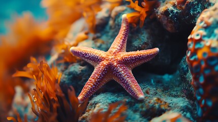 Starfish Resting on Rock Among Sea Anemones Underwater Close-up