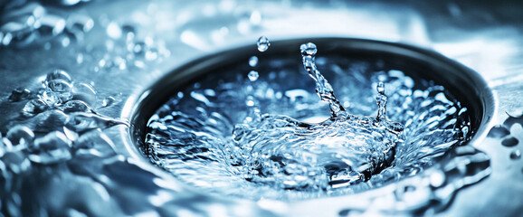 Close-up of water splashing into a sink drain, creating dynamic texture and ripples, showcasing the fluidity and movement of water, ideal for purity or cleansing concepts